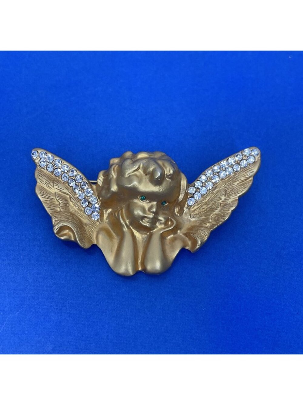 Vintage Cherub Angel Wings Gold- Tone Brooch Rhinestones